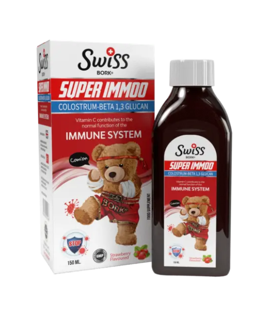 Swiss Bork Super Immoo сироп для иммунитета с колострумом и бета-глюканом, клубничный вкус, 150 мл