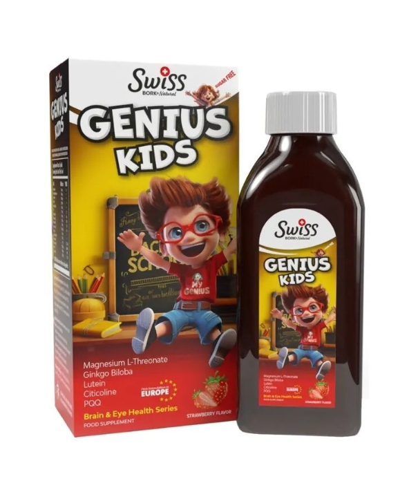 Swiss Bork Genius Kids сироп для мозга и зрения, клубничный вкус, для детей