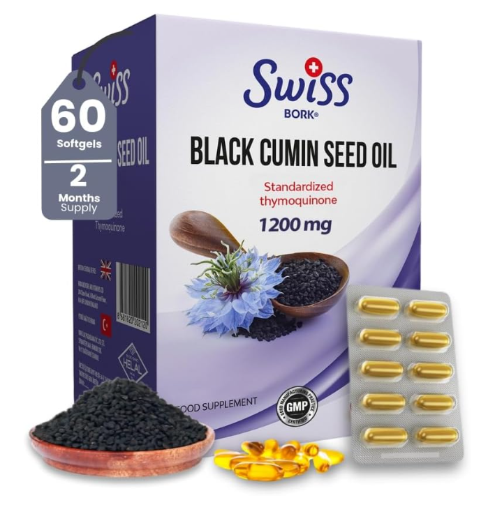 Swiss Bork Black Cumin Seed Oil 1200 mg, масло черного тмина в капсулах, 60 софтгелей