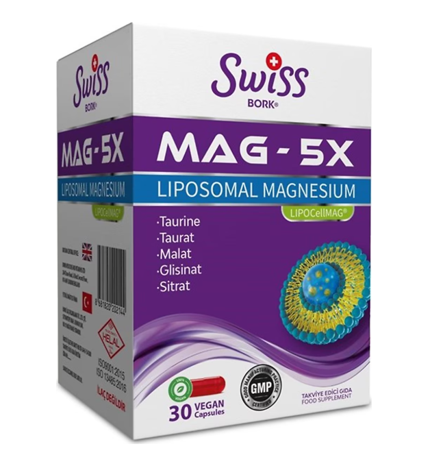 Swiss Bork Mag-5X Liposomal Magnesium, липосомальный магний 5 форм, 30 веганских капсул